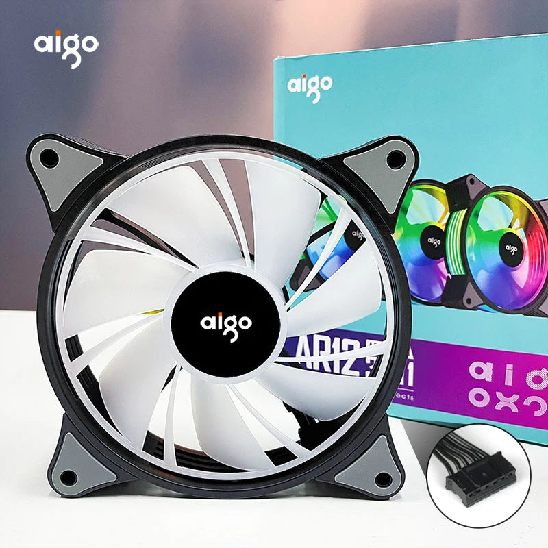 Fan ARGB Aigo AR12 120mm, PC Gamer RGB 12v Heatsink, Aura Sync, Cooler silencioso, Com controlador.