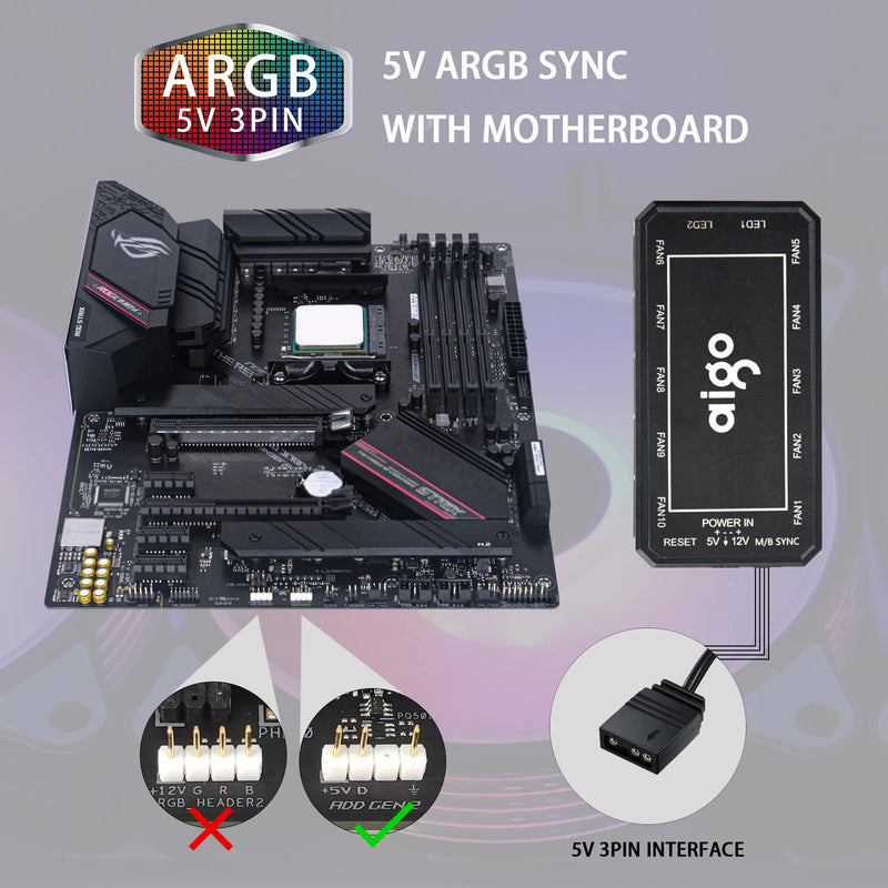 Fan ARGB Aigo AR12 120mm, PC Gamer RGB 12v Heatsink, Aura Sync, Cooler silencioso, Com controlador.