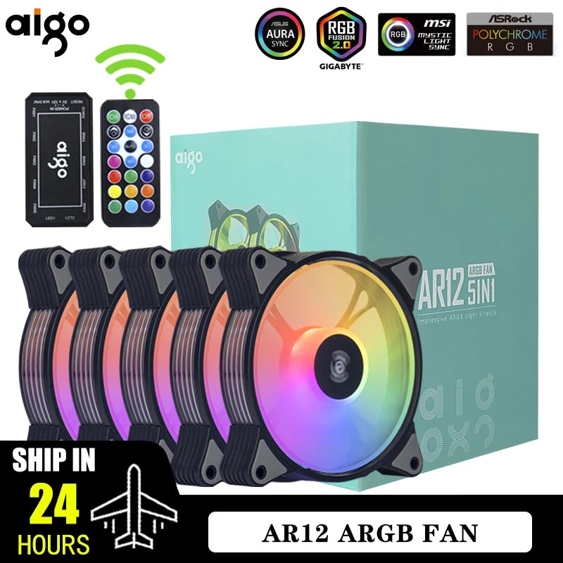 Fan ARGB Aigo AR12 120mm, PC Gamer RGB 12v Heatsink, Aura Sync, Cooler silencioso, Com controlador.